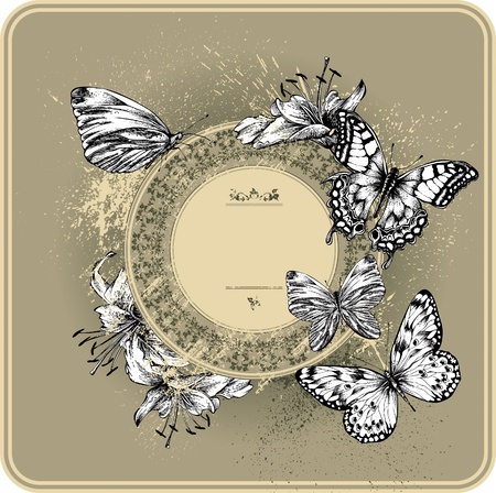 Vintage frame with blooming lilies and butterflies, hand drawingのイラスト素材