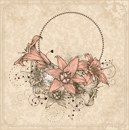 Vintage frame with blooming lilies and heart.のイラスト素材