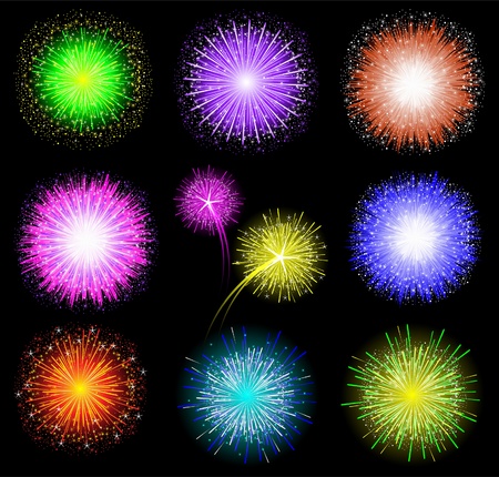 Set of festive colored fireworks on black background. Vector illustration.のイラスト素材