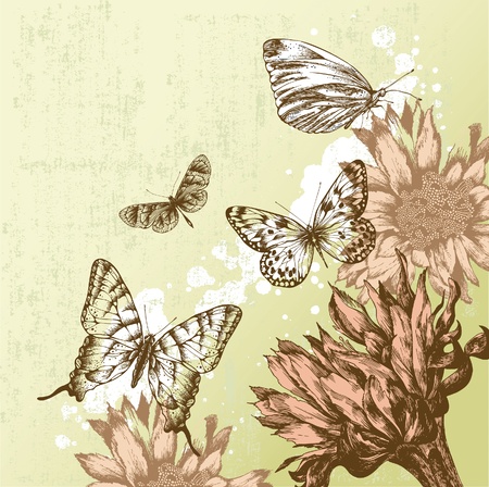 Vintage background with beautiful butterflies and blooming flowers. Vector illustration.のイラスト素材