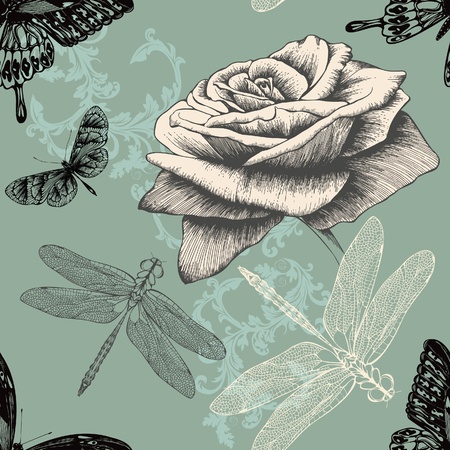 Seamless pattern with rose, decorative butterflies and dragonflies. Hand drawing. Vector.のイラスト素材