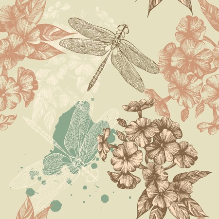 Seamless floral background with flying dragonflies, hand-drawing. Vector.のイラスト素材
