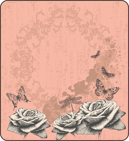 Pink vintage background with decorative butterflies and roses, hand-drawing. Vector.のイラスト素材