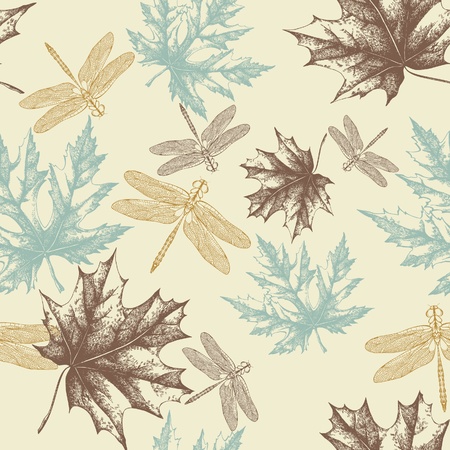 Seamless pattern of autumn, maple leaves and a dragonfly, hand-drawing. Vector.のイラスト素材