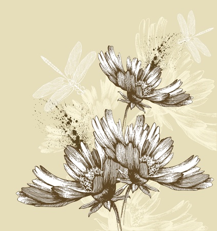 Abstract blooming flowers flying dragonflies, hand-drawing. Vector illustration.のイラスト素材