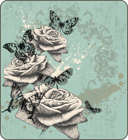 Vintage background with blooming with roses and butterflies, hand-drawing. Vector illustration.