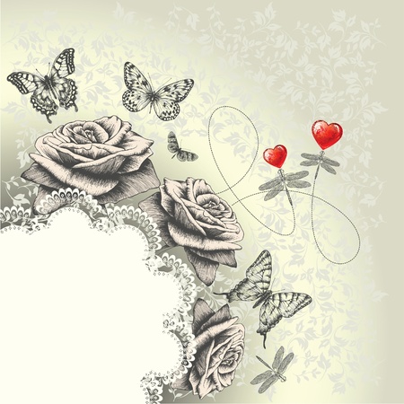 Glamour background with lacy frame, red hearts, flying butterflies, dragonflies. Hand drawing. Vector.のイラスト素材