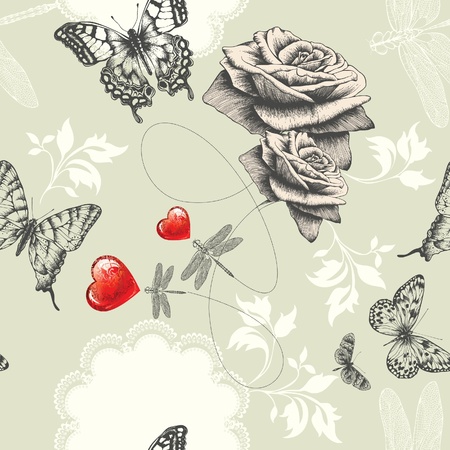 Seamless wallpaper with roses, butterflies and red hearts, Hand drawing. Vector.のイラスト素材