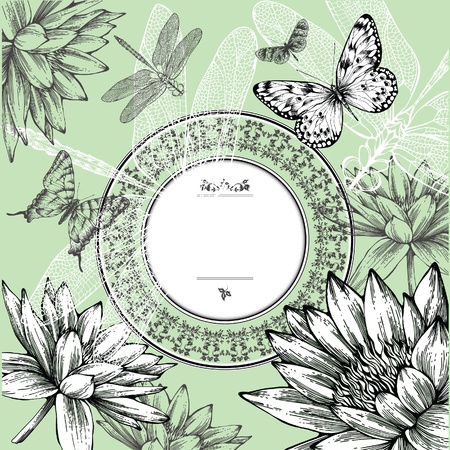 Vintage round frame with water lilies, butterflies and dragonflies, hand-drawing. Vector.のイラスト素材