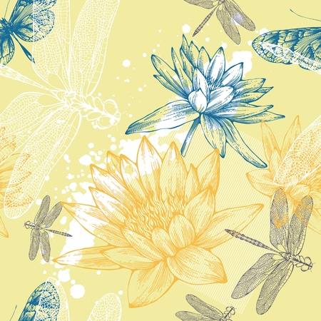 Seamless background with water lilies, dragonflies and butterflies, hand-drawing. Vector.のイラスト素材