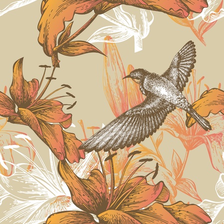 Seamless pattern with lilies and a flying birdのイラスト素材