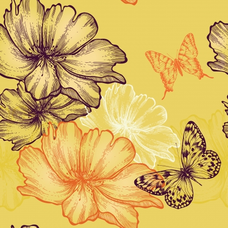 Seamless floral background with wild roses and butterflies, hand-drawing.のイラスト素材