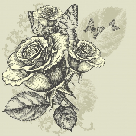 Floral background with butterflies and roses, hand-drawing.のイラスト素材