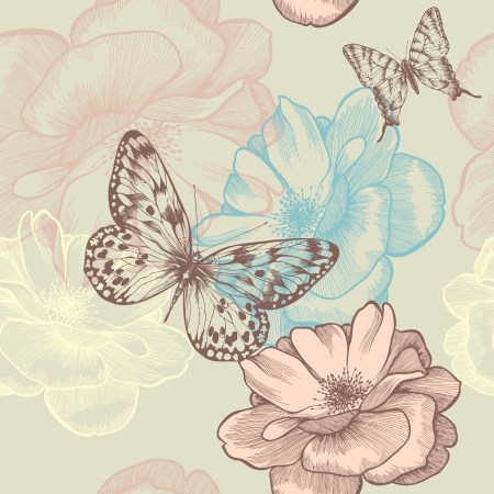 Seamless floral pattern with roses and butterflies, hand-drawing.のイラスト素材