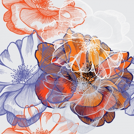 Seamless abstract floral background with roses, hand-drawing. のイラスト素材