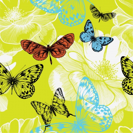 Seamless pattern with blooming roses and flying butterflies. のイラスト素材