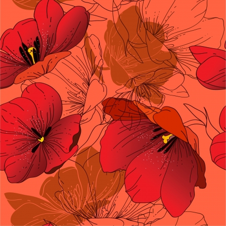 Seamless pattern with blooming red tulips, hand-drawingのイラスト素材