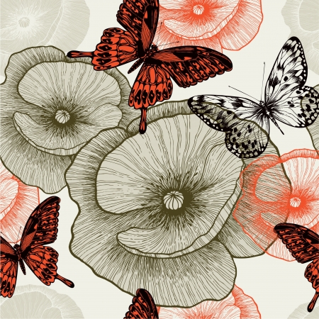 Seamless floral pattern with poppies and butterflies.のイラスト素材