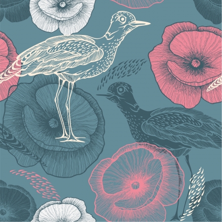 Seamless pattern with birds and flowers. Vector illustration.のイラスト素材
