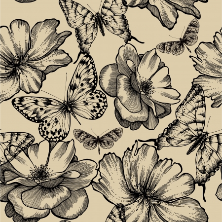 Seamless pattern with roses and butterflies, hand drawing. Vector illustration.のイラスト素材