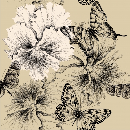 Seamless pattern with pansies and butterflies. Vector illustration.のイラスト素材
