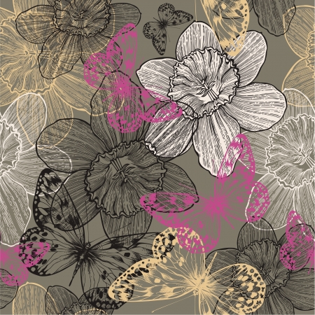Seamless pattern with flowers narcissus and pink butterflies, hand drawing illustration のイラスト素材