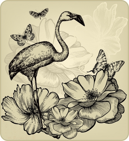 Vintage background with blooming roses, bird flamingos and butterflies. Vector illustration.のイラスト素材