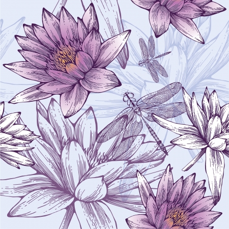Seamless pattern with water lilies and dragonflies. Vector illustration.のイラスト素材