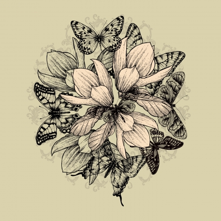 Floral background with magnolia flowers and butterflies. Vector illustration.のイラスト素材