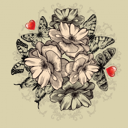 Floral background with roses, red hearts and butterflies. のイラスト素材