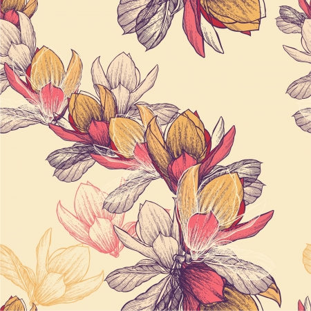 Seamless pattern with blooming magnolia flowers, hand-drawing.