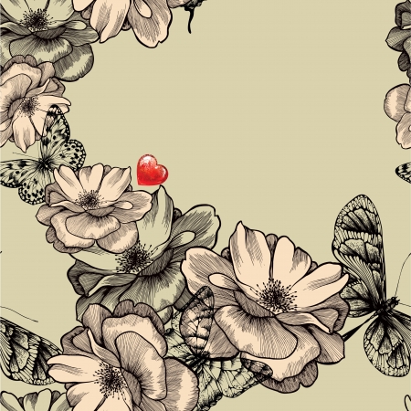 Seamless pattern with blooming roses, butterflies and red hearts. Vector illustration.のイラスト素材