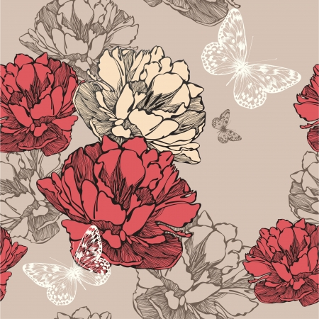 Seamless pattern with blooming tulips and flying butterflies. Vector illustration.のイラスト素材