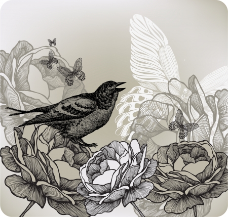 Floral background with roses and bird sitting, hand-drawing. Vector illustration.のイラスト素材