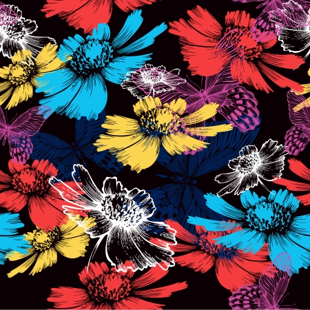 Seamless pattern with abstract colorful flowers and butterflies. Vector illustration.のイラスト素材