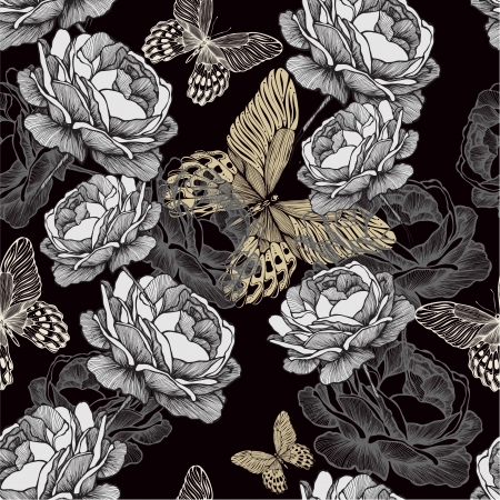 Seamless pattern with blooming roses and butterflies on black background.のイラスト素材