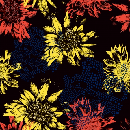 Seamless pattern with abstract flowers on black background. Vector illustration.のイラスト素材