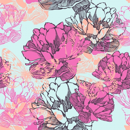 Seamless decorative pattern with tulips and butterflies. Vector illustration.のイラスト素材