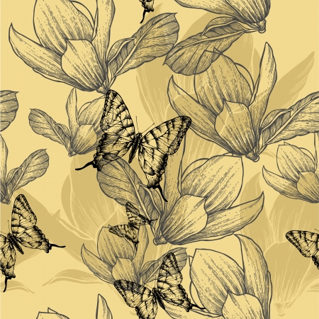 Seamless pattern with blossoming magnolias and butterflies, vector illustration.のイラスト素材