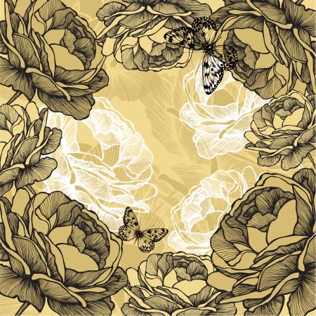 Floral background with roses and butterflies, hand-drawing. Vector illustration.のイラスト素材