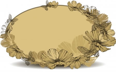 Vintage oval frame with flowers and butterflies. Vector illustrationのイラスト素材