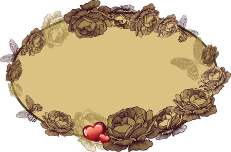 Vintage frame with roses and hearts, vector illustration.のイラスト素材