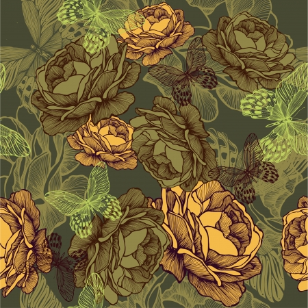 Vintage seamless background with roses and butterflies. Vector illustration.のイラスト素材