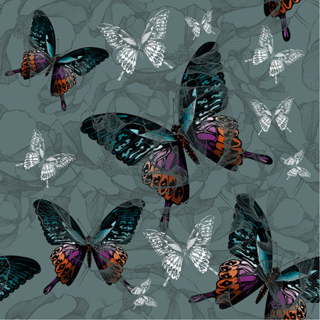 Seamless background with flowers and colorful butterflies, hand-drawing. Vector illustration.のイラスト素材