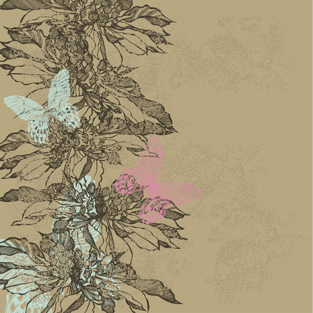 Abstract vintage background with flowers and butterflies. Vector illustration.のイラスト素材