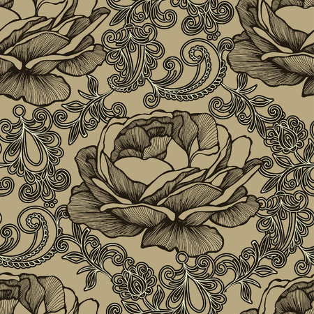 Seamless background with floral ornament and roses. Vector illustration.のイラスト素材