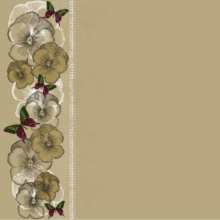 Vintage background with lace and pansies. Vector illustration.のイラスト素材