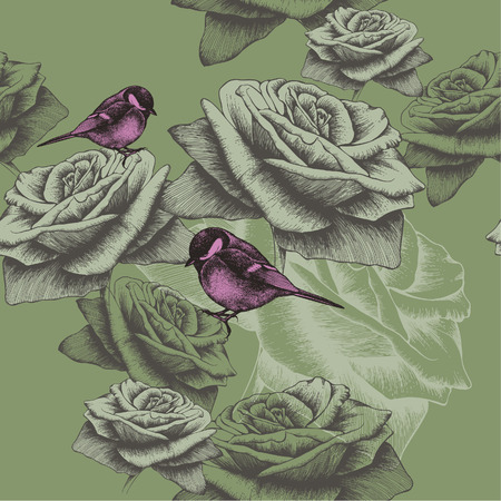 Seamless wallpaper with flowers and birds, hand-drawing. Vector illustration.のイラスト素材