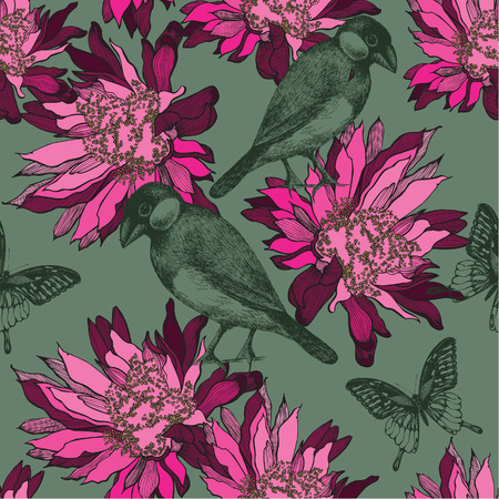 Seamless wallpaper with abstract flowers and birds, hand-drawing. Vector illustration.のイラスト素材
