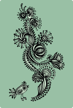 Decorative floral pattern with birds, hand-drawing. Vector illustration.のイラスト素材